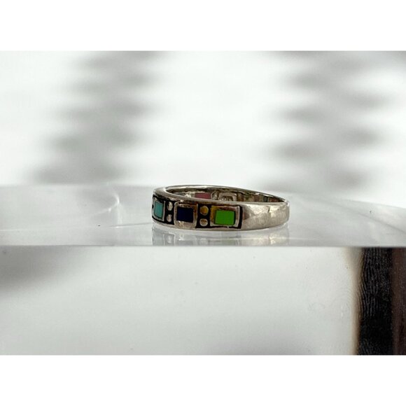 Mexican Inspired Multi Gemstone Square 925 Sterling Silver Vintage Ring - sz 6 - Picture 3 of 10